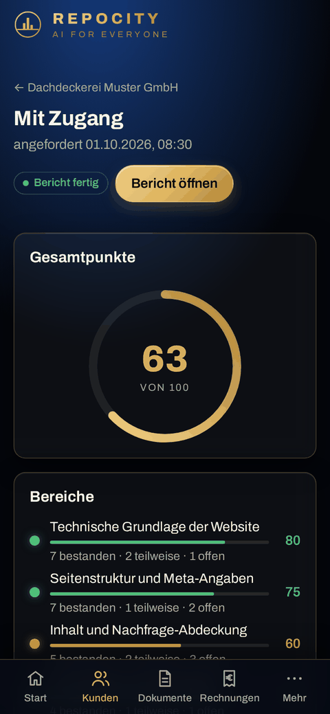 Die App auf dem Handy: Audit der Beispielfirma Dachdeckerei Muster GmbH mit 63 von 100 Punkten und den ersten Bereichen mit Ampelfarbe.